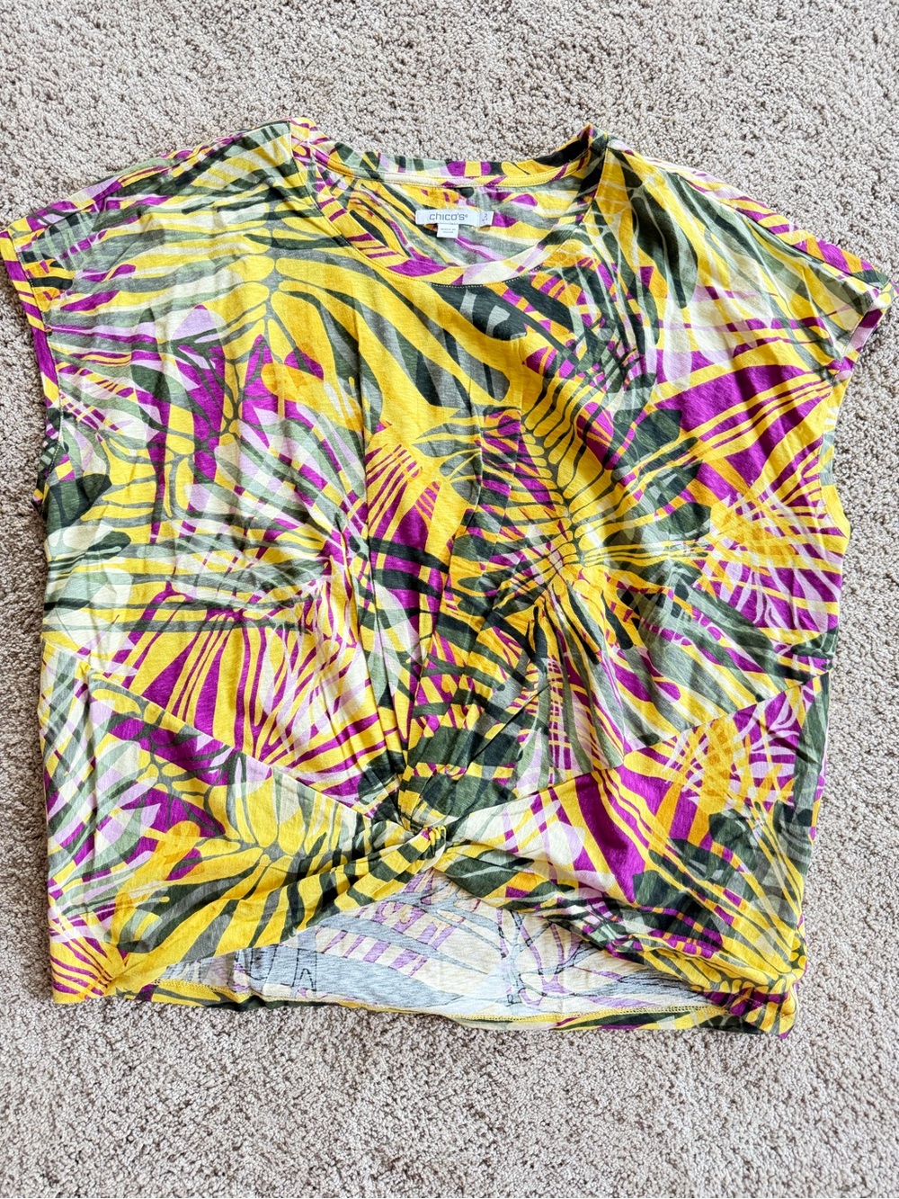 Chico's Yellow, Purple & Green Tropical Twist-Front Crop Top